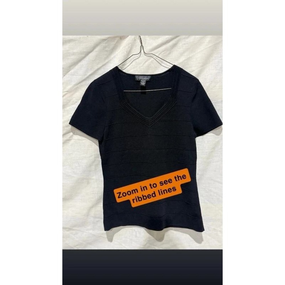 Black Textured Stripe V-Neck Knit Top Medium